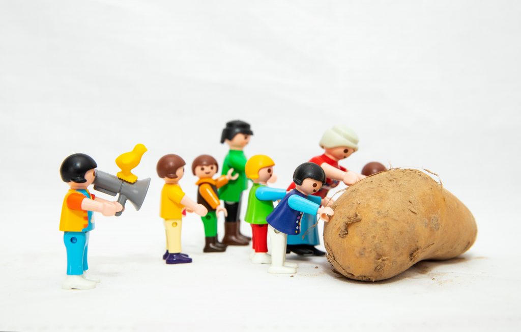 Personnages playmobile poussant une patate